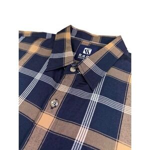 Karl Kani Jeans Company Long Sleeve Button Down Shirt XL Blue Tan Khaki Plaid